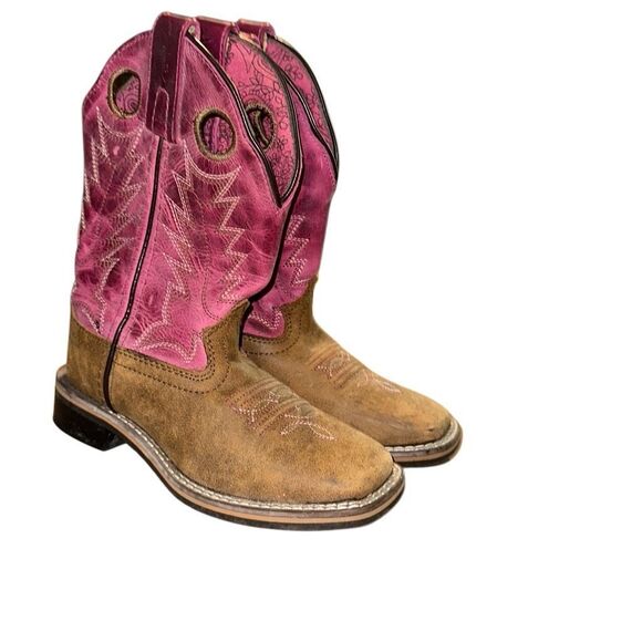 Shyanne Girls Cowboy Boots Size 13Y Pink Brown Western Square Toe Pull On Pre Ow - Picture 1 of 4